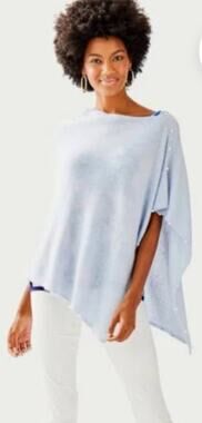 Lilly Pulitzer Britta 100% Cashmere Pearl Trim Wrap Poncho - Light Blue OS